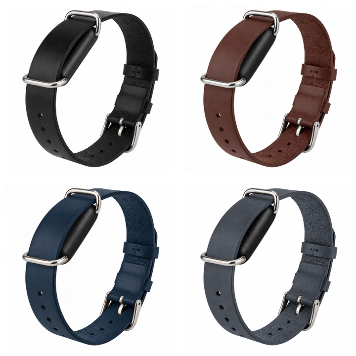 Four complete HiLo SoftFit leather straps: Classic Black at top left, Coffee Brown at top right, Navy Blue at bottom left and Anthracite Grey at bottom right